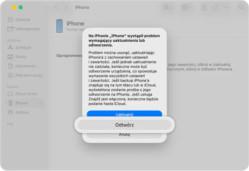 Komunikat o błędzie na iPhonie, który wymaga uaktualnienia lub odtworzenia. Aby rozwiązać problem, kliknij "Uaktualnij" lub "Odtwórz", aby odblokować iPhone'a.