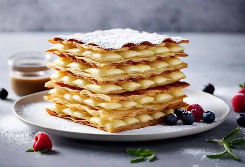 Un déliceux mille-feuille de pommes, garni de crème pâtissière et saupoudré de sucre glace, avec des baies fraîches.
