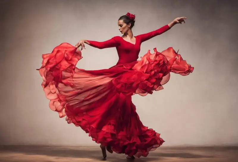 Tancerka w czerwonej sukni wiruje w rytm flamenco, jej strój faluje niczym płomienie.