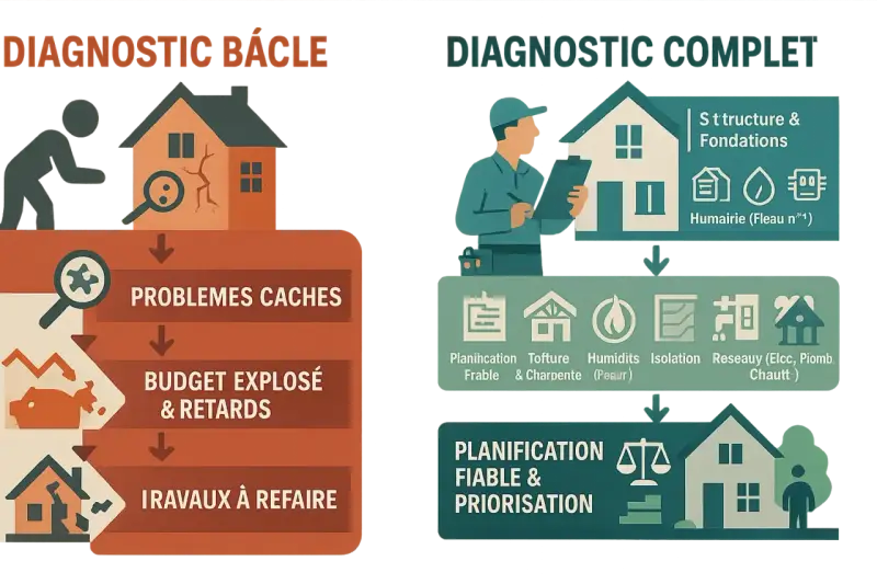 Diagnostic bâclé vs. complet pour rénover sa maison : problèmes cachés, budget explosé et travaux à refaire, ou planification fiable et priorisation.