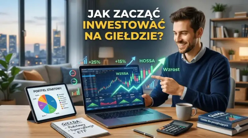 Mężczyzna wskazuje na wykres wzrostu na laptopie, obok tablet z wykresem kołowym i notatnik.