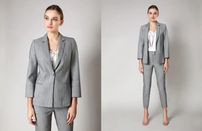 Elegancki szary garnitur damski, idealny do stylizacji business formal.