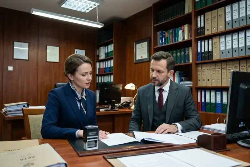 Kobieta i mężczyzna w garniturach omawiają dokumenty przy biurku. W tle regały z aktami, sugerujące sprawy dotyczące wspólności majątkowej.