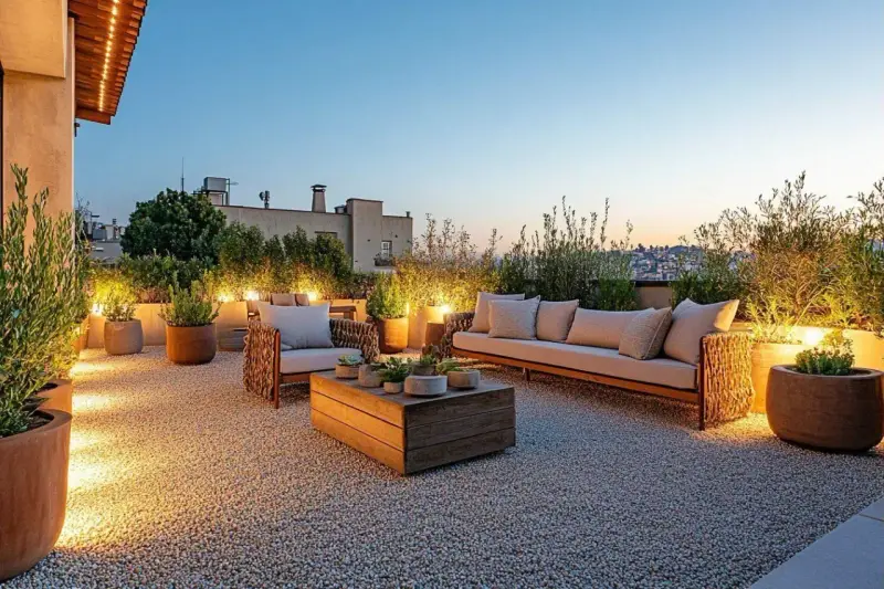 Terrasse moderne avec mobilier de jardin, plantes et éclairage d'ambiance sur un sol en gravier. Le prix du gravier m3 est un détail à considérer pour un tel aménagement.