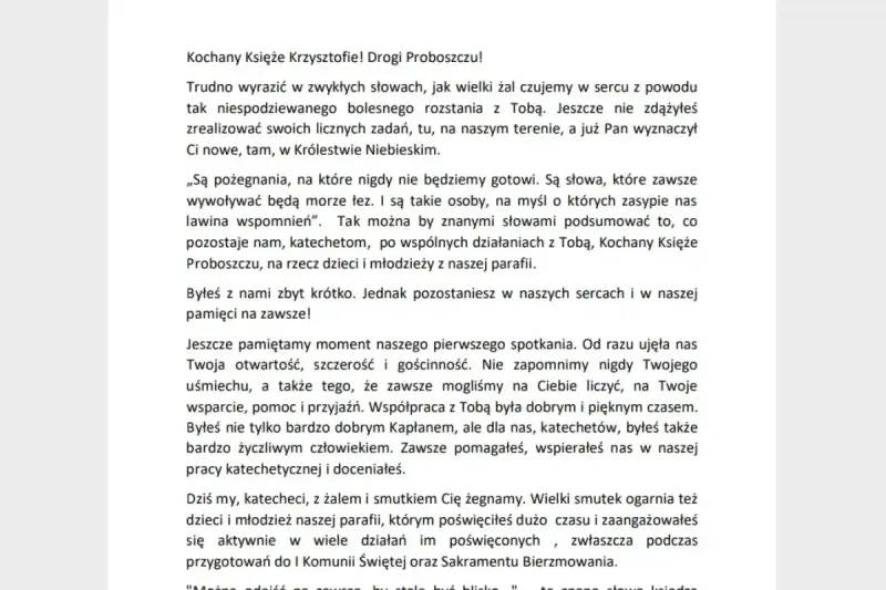 Wzór pożegnania rodziny w imieniu zmarłego. List od katechetów wyraża głęboki żal po odejściu księdza, wspominając jego dobroć i zaangażowanie.