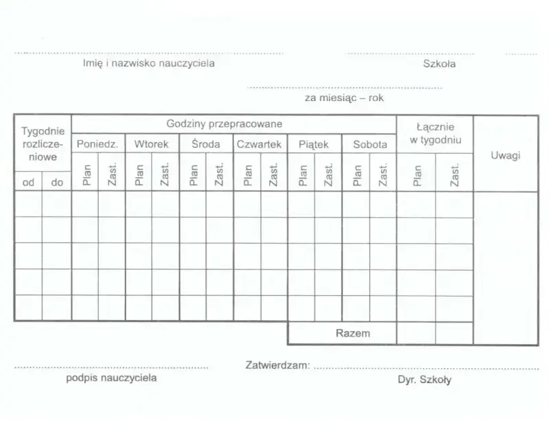 Formularz do rozliczania godzin pracy nauczyciela, uwzględniający godziny ponadwymiarowe, z podziałem na dni tygodnia i typy zajęć (plan, zastępstwo).