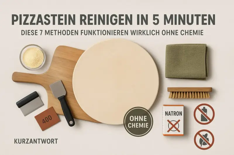 Pizzastein reinigen angebrannt? Hier sind Werkzeuge wie Bürste, Schaber, Schleifpapier und Natron für die chemiefreie Reinigung.