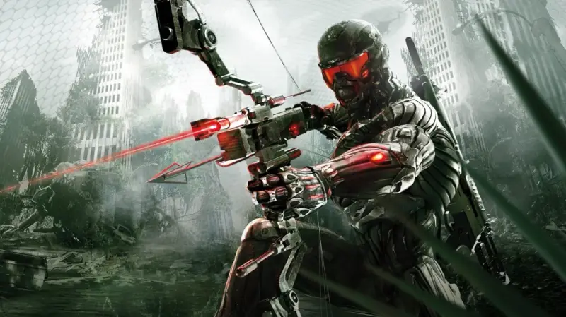 Żołnierz w zaawansowanym kombinezonie celuje z łuku z laserową strzałą w zniszczonym mieście. To zapowiedź Crysis 4.