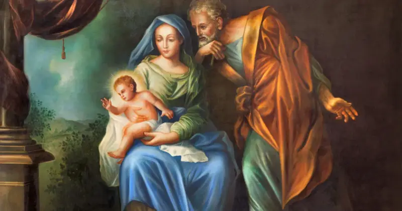 Święta Rodzina w chwili narodzin Jezusa. Maryja trzyma Dzieciątko, Józef czuwa.