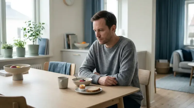 Man vid frukostbordet, nedstämd. Hans depression kan ha lett till viktnedgång, trots en till synes hälsosam måltid.