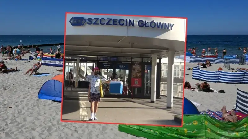 Plaża i ludzie wypoczywający nad morzem, a obok dworzec "Szczecin Główny". Czy Szczecin leży nad morzem? Wygląda na to, że tak!