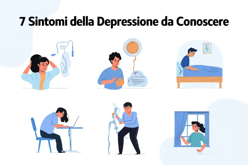 Illustrazioni di persone che mostrano sintomi di depressione e stanchezza: apatia, difficoltà a concentrarsi, isolamento, perdita di interesse.