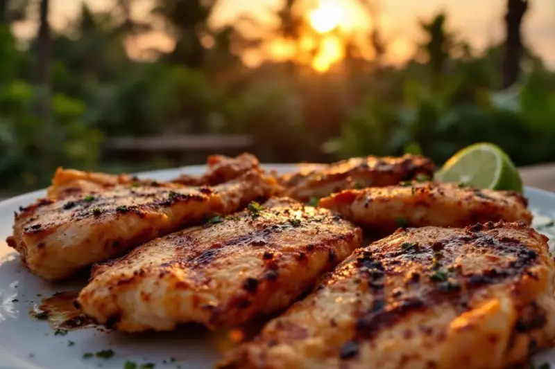 Assiette de poulet boucané grillé, garnie d'herbes et d'une tranche de citron vert, au coucher du soleil.