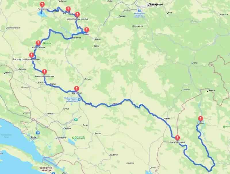 Trasa **samochodem do Czarnogóry** przez Bośnię i Hercegowinę, z zaznaczonymi punktami: Jezioro Blidinje, Mostar, a dalej w kierunku Plužine.