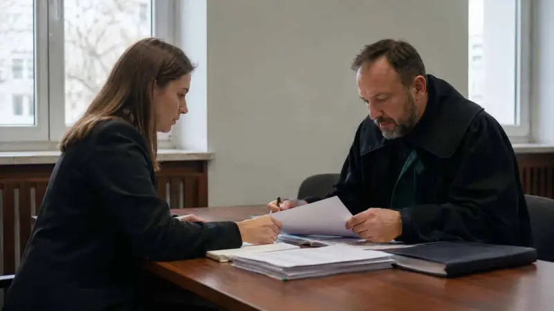 Adwokat w todze i kobieta analizują dokumenty. Stawiennictwo nieobowiązkowe na rozprawie karnej wymaga przygotowania.