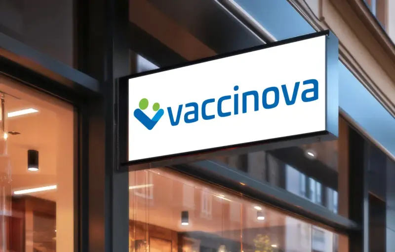 Belyst skylt med logotypen "vaccinova" och två stiliserade figurer, en grön och en blå. Företaget fokuserar på vaccin i Asien.