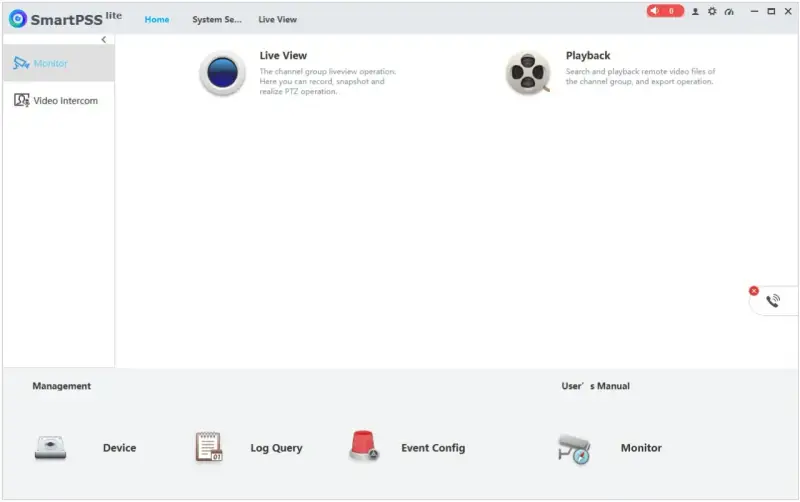 Interfejs SmartPSS lite z opcjami Monitor, Live View, Playback, Device, Log Query, Event Config i Monitor.