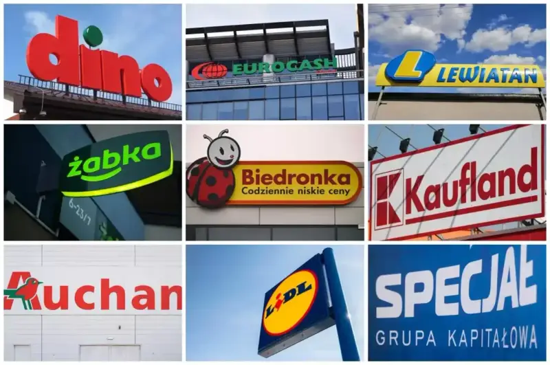 Logo sklepów: Dino, Eurocash, Lewiatan, Żabka, Biedronka, Kaufland, Auchan, Lidl, Specjał. Zastanawiasz się, ile zarabia się w Żabce?