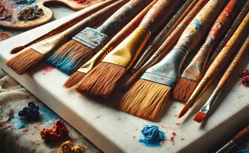 Ensemble de pinceaux à huile en bois, prêts pour le nettoyage. Des touches de couleur bleue et rouge subsistent sur les poils.