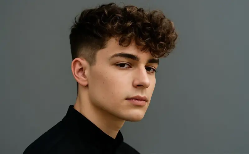 Młody mężczyzna z kręconymi, puszystymi włosami (fryzura fluffy hair) i wygolonymi bokami, ubrany w czarną koszulę, na szarym tle.