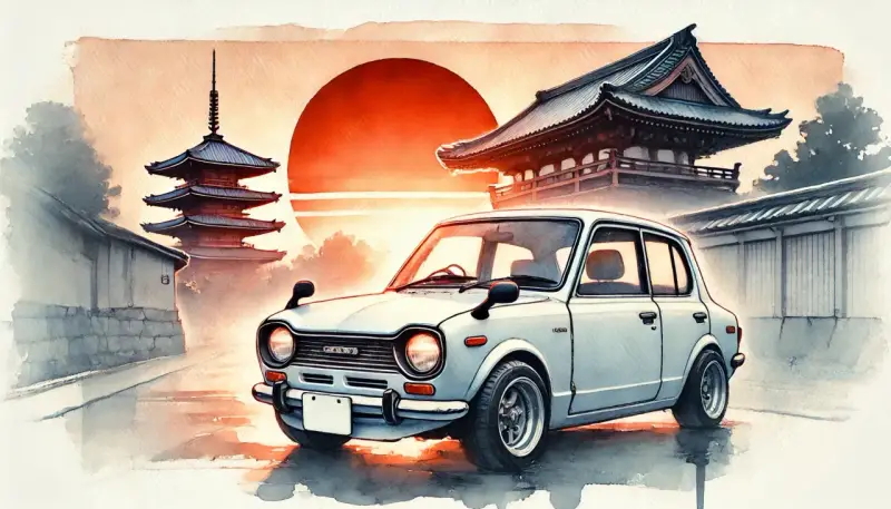 Urocze, białe auto z Japonii na tle zachodzącego słońca i tradycyjnych pagód.