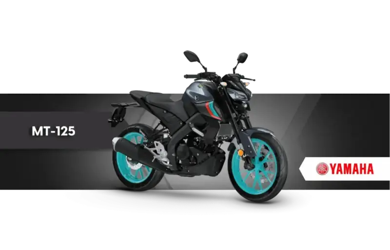 Szary motocykl Yamaha MT-125 z turkusowymi felgami, idealny do kategorii A1.