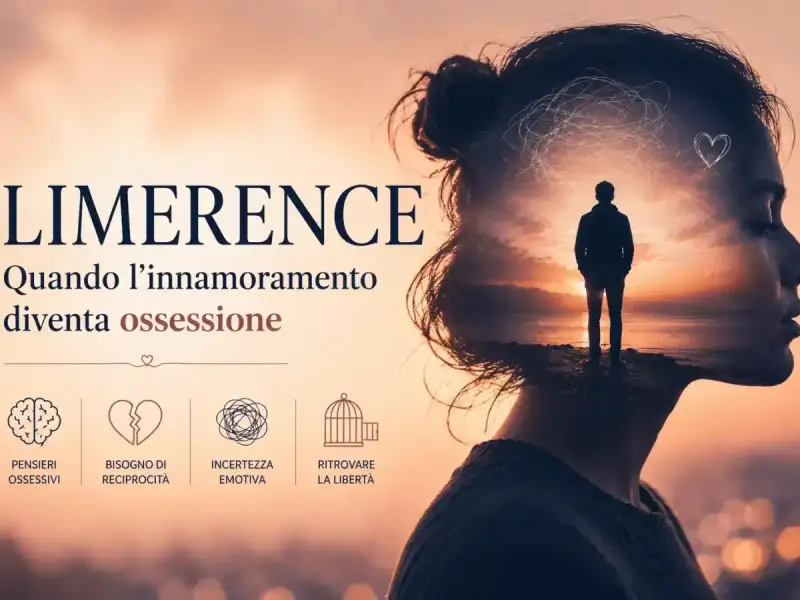 Doppia esposizione di una donna con un uomo solitario in un paesaggio al tramonto all'interno della sua testa, che simboleggia quando l'amore diventa ossessione.