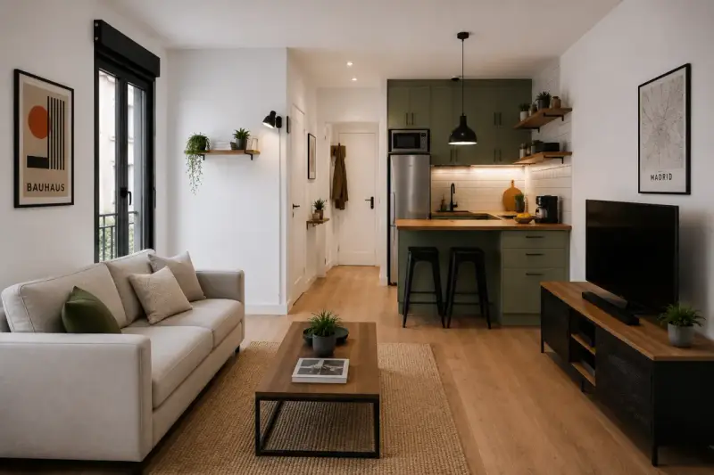 Un loft pequeño moderno con sofá beige, mesa de centro de madera, cocina verde y TV.