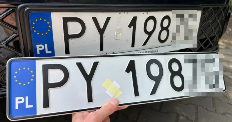 Dwie polskie tablice rejestracyjne PY 198. Jedna jest zamontowana na samochodzie, druga trzymana w ręku.