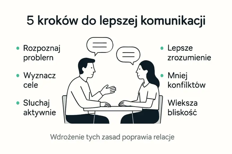 5 kroków do lepszej komunikacji: rozpoznaj problem, wyznacz cele, słuchaj aktywnie. Poprawia to komunikację interpersonalną, prowadząc do lepszego zrozumienia i mniejszej liczby konfliktów.