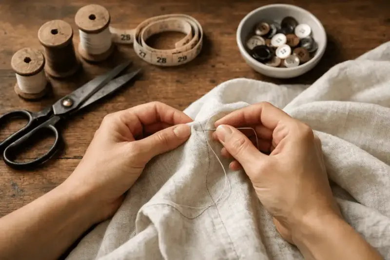 Mani che cuciono su tessuto grezzo, con forbici, rocchetti di filo e bottoni sparsi. I **sashiko schemi** ispirano la precisione del punto.