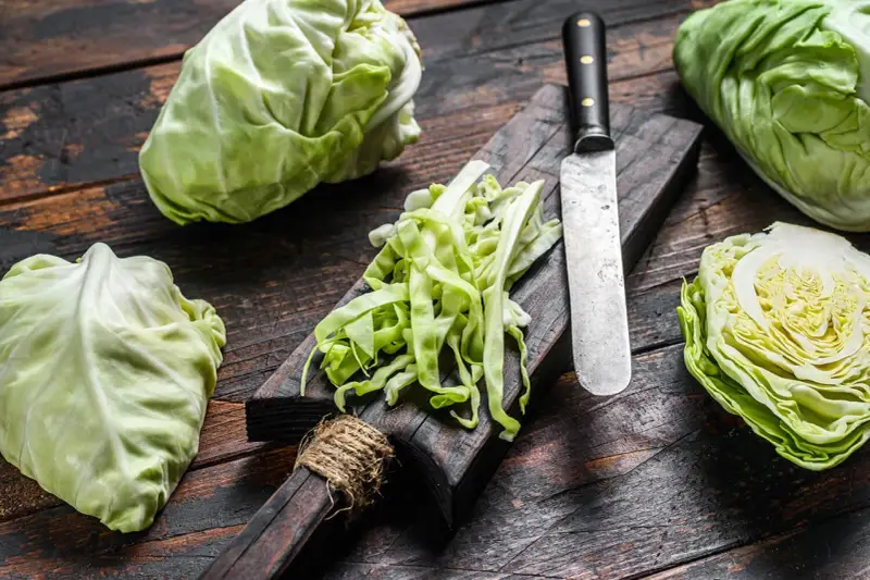 Frischer spitzkohl schneiden für einen Salat. Ein Messer liegt neben dem geschnittenen Kohl auf einem Holzbrett.