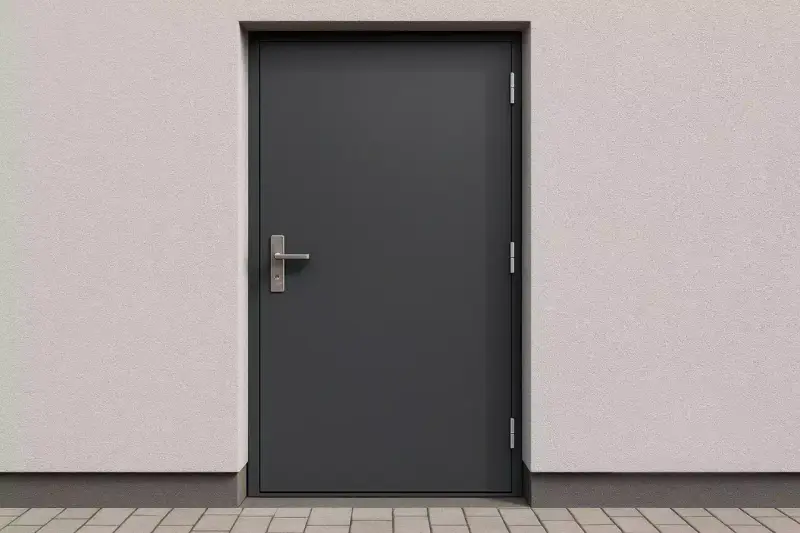 Solidne drzwi techniczne antracyt z metalowym uchwytem, osadzone w jasnej, chropowatej ścianie.