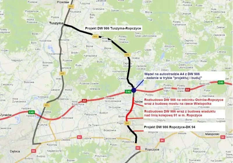 Mapa pokazuje projekt DW 986 Tuszyma-Ropczyce, rozbudowę DW 986 na odcinku Ostrów-Ropczyce i węzeł na autostradzie A4.