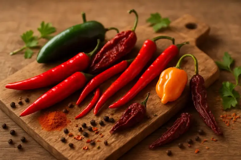 Un assortiment de piments frais et séchés, dont des piments rouges longs, un piment vert, un piment orange et des piments séchés foncés. Une pincée de poudre de piment et des grains de poivre parsèment la planche à découper en bois.