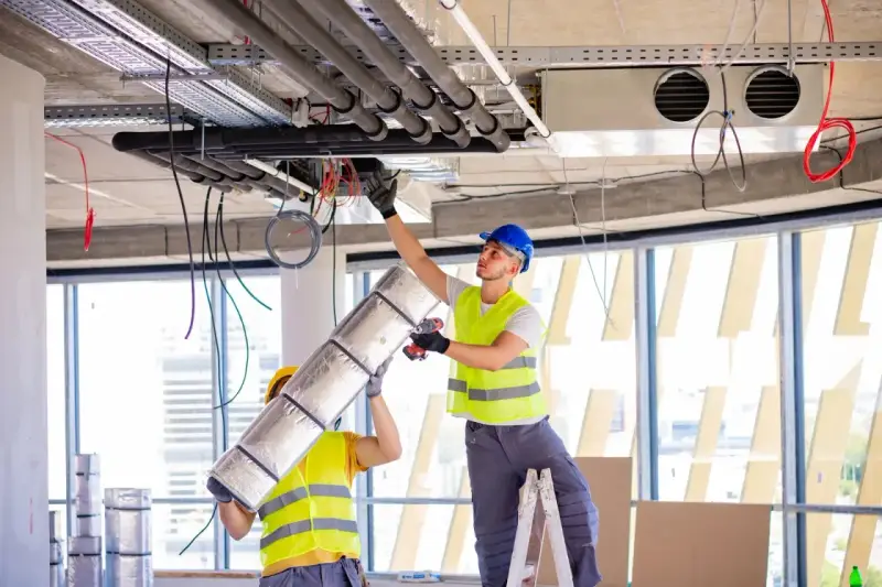 Dwóch pracowników montuje systemy HVAC, instalując izolację na rurach. To kluczowy element zapewniający komfort cieplny.
