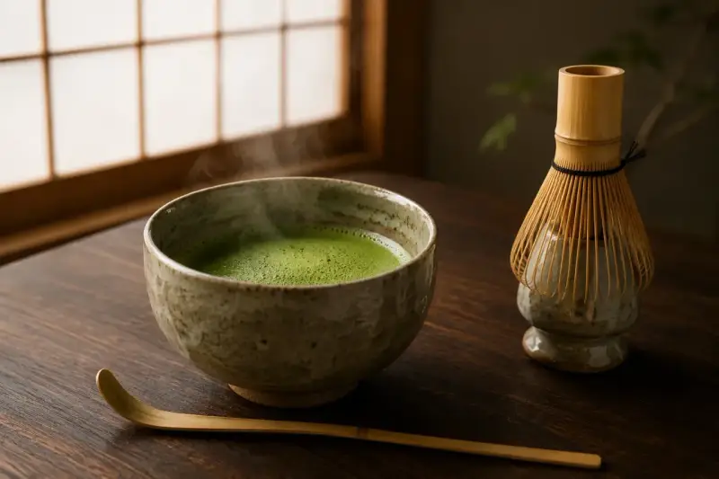 Parzona zielona herbata matcha w ceramicznej miseczce, obok bambusowa miotełka i łopatka.