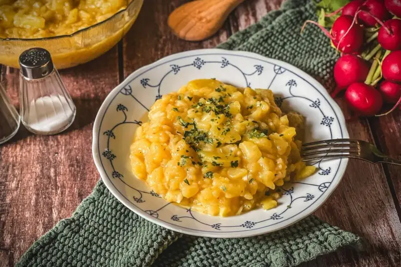 Omas Kartoffelsalat, ein Klassiker auf dem Holztisch, garniert mit Petersilie. Daneben Radieschen und Salzstreuer.