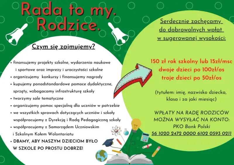 Rada rodziców to my! Działamy na rzecz uczniów: finansujemy projekty, organizujemy konkursy, wzbogacamy szkołę. Zachęcamy do wsparcia.