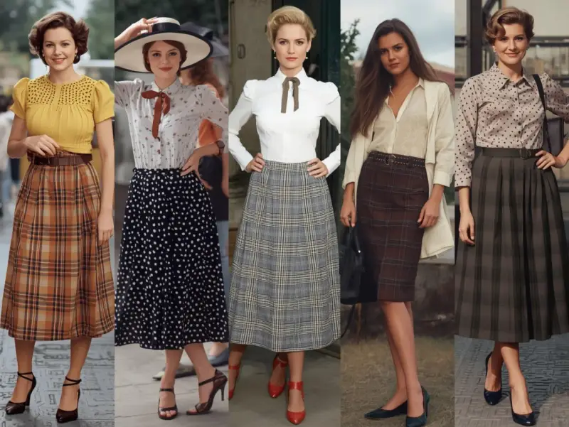 Pięć kobiet prezentuje stylizacje inspirowane modą lat 50.: spódnice w kratę i groszki, bluzki z kokardami i kapelusz.