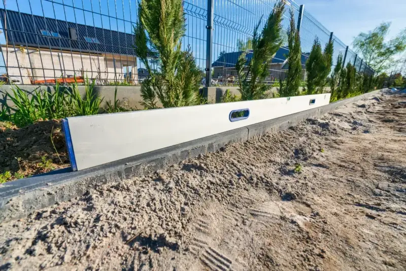 Poziomica na krawężniku, element uzbrojenia działki krok po kroku. W tle ogrodzenie i tuje.