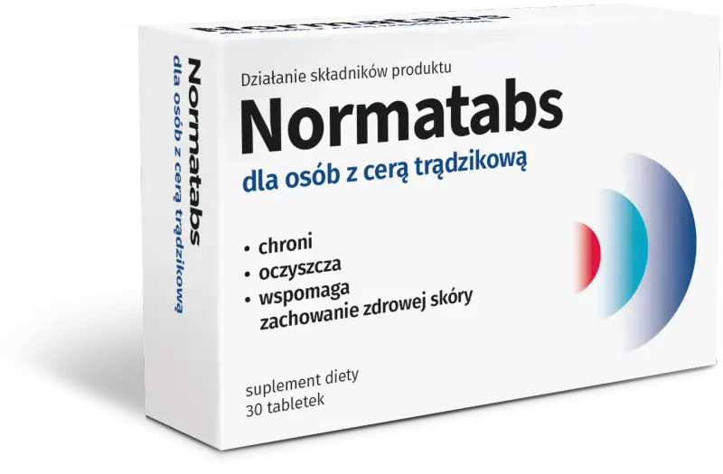 Opakowanie suplementu diety Normatabs dla osób z cerą trądzikową. Wspomaga zachowanie zdrowej skóry.
