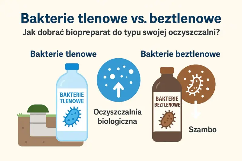 Ilustracja porównuje bakterie tlenowe i beztlenowe. Po lewej butelka z napisem "BAKTERIE TLENOWE" obok oczyszczalni biologicznej. Po prawej butelka "BAKTERIE BEZTLENOWE" i symbol mikroba obok szamba.