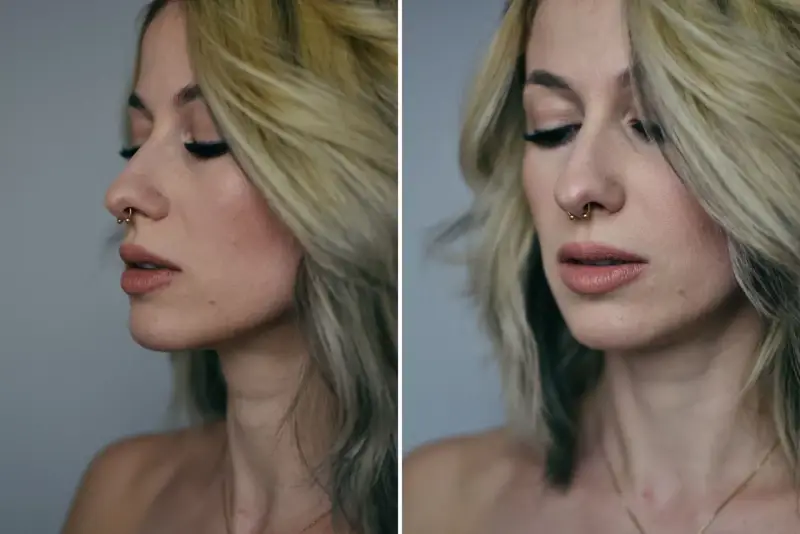 Kobieta z blond włosami i złotym kółkiem w nosie, podkreślającym jej septum.