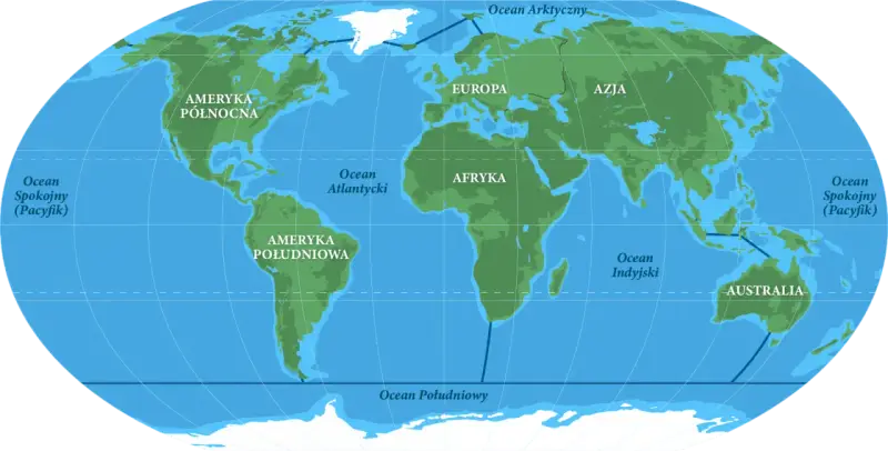Mapa świata z zaznaczonymi kontynentami i oceanami: Spokojnym, Atlantyckim, Indyjskim, Południowym i Arktycznym.