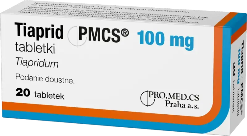 Opakowanie leku Tiaprid 100 mg, zawierające 20 tabletek. Tiapridum to substancja czynna.