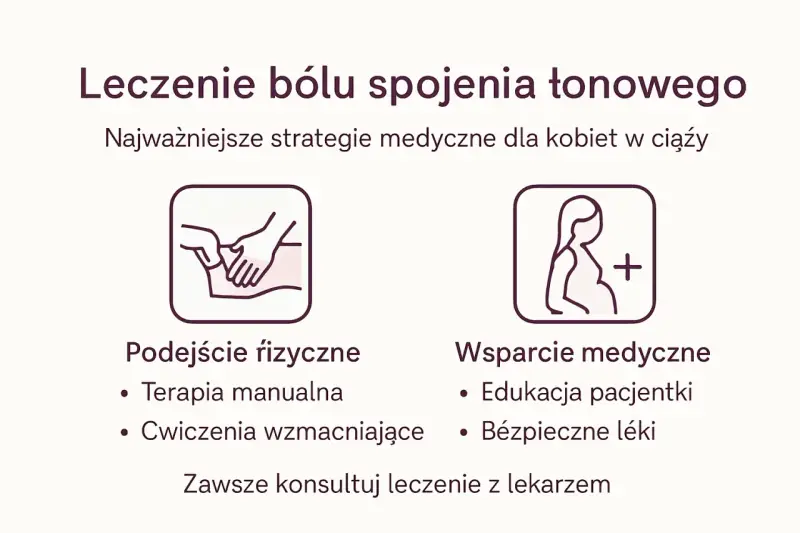 Strategie leczenia bólu spojenia łonowego w ciąży: fizjoterapia, terapia manualna, ćwiczenia, edukacja i bezpieczne leki.