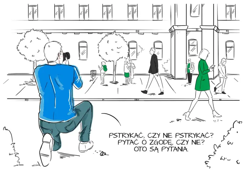 Fotograf klęczy, by zrobić zdjęcie. Zastanawia się, czy pytać o zgodę, jak w umowie rodo dla fotografa.