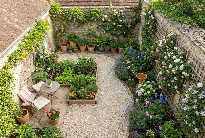 Idéal pour aménager un petit jardin de 20m2 : potager, fleurs, roses grimpantes et coin repas.