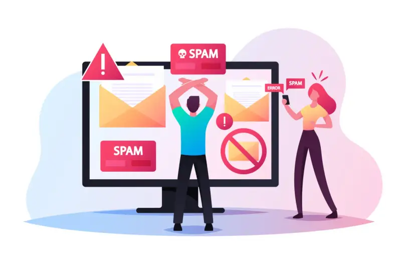 Osoba zrezygnowana przed monitorem z powiadomieniami SPAM, a kobieta z telefonem odbiera kolejne niechciane wiadomości.